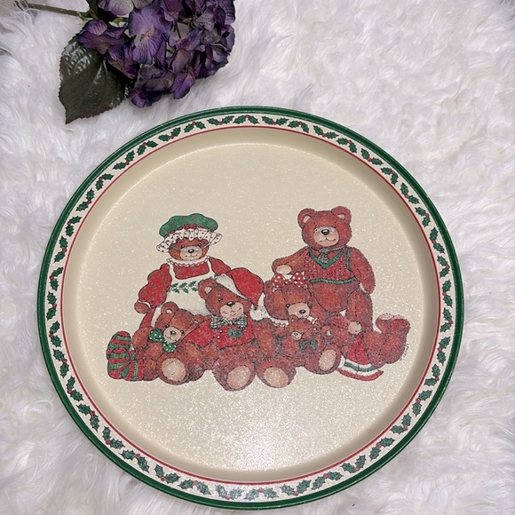 Vintage 1987 Polpourri Press Metal Christmas Holiday Tray Bear Family Cute Plate - Picture 2 of 8